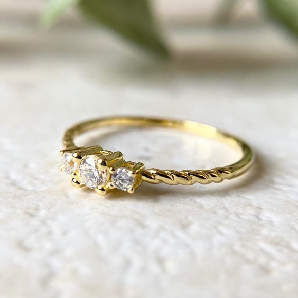 Dainty 14k Gold Plated Ring 925 Sterling Silver CZ Minimalist Statement Ring - Picture 2 of 5